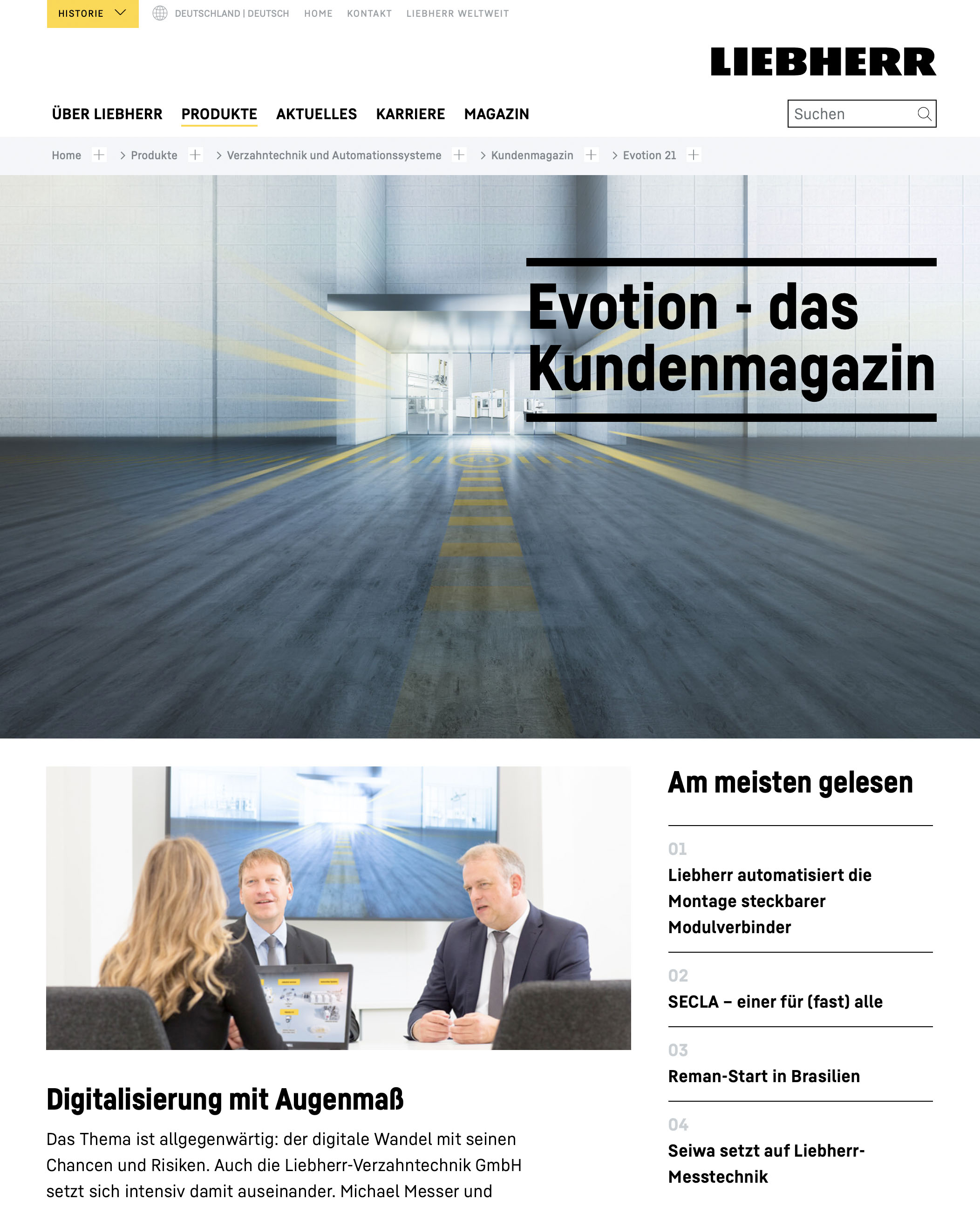Screenshot des Digitalen Liebherr Kundenmagazins Evotion