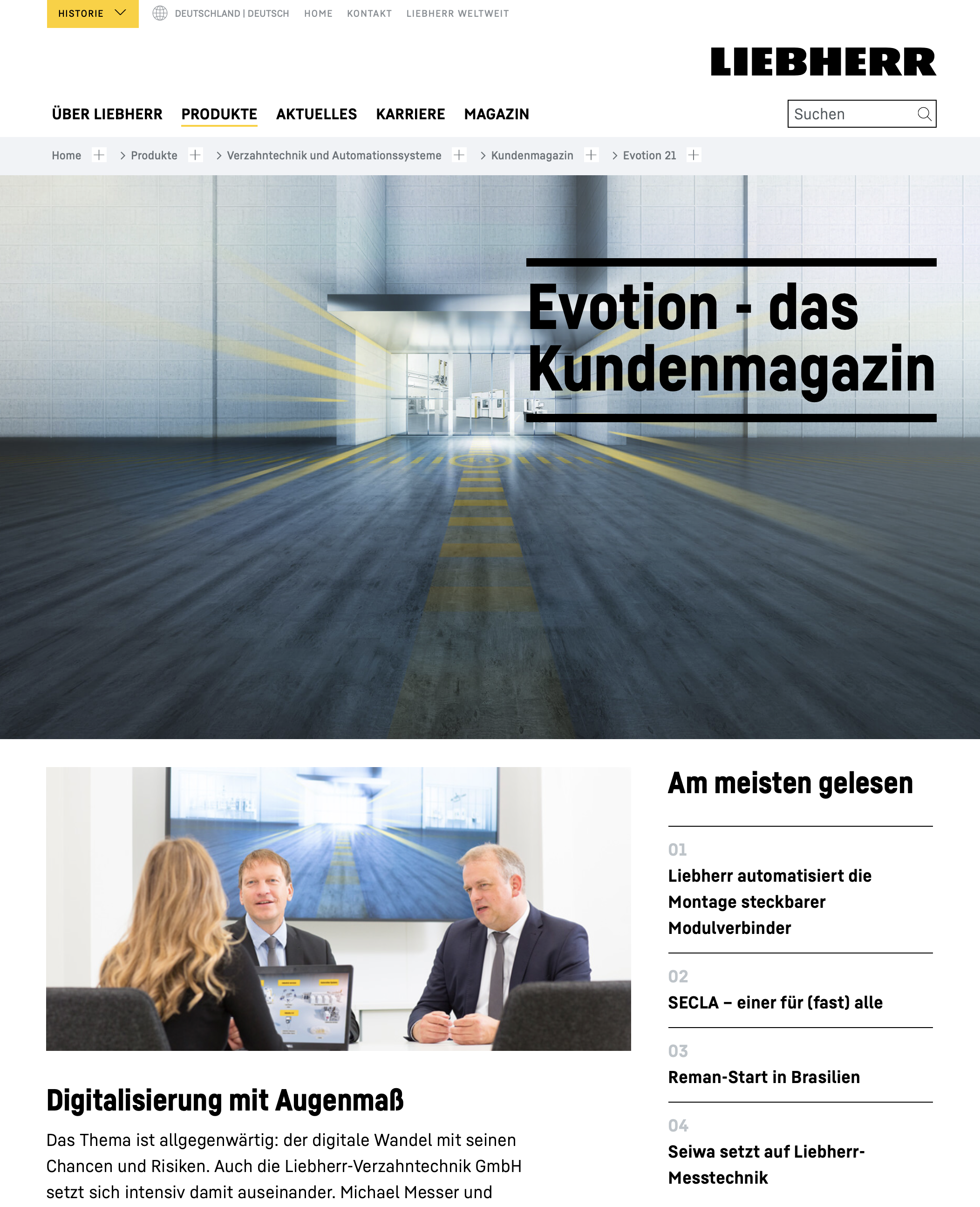 Screenshot des Digitalen Liebherr Kundenmagazins Evotion